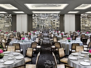 Many tables in a ballroom