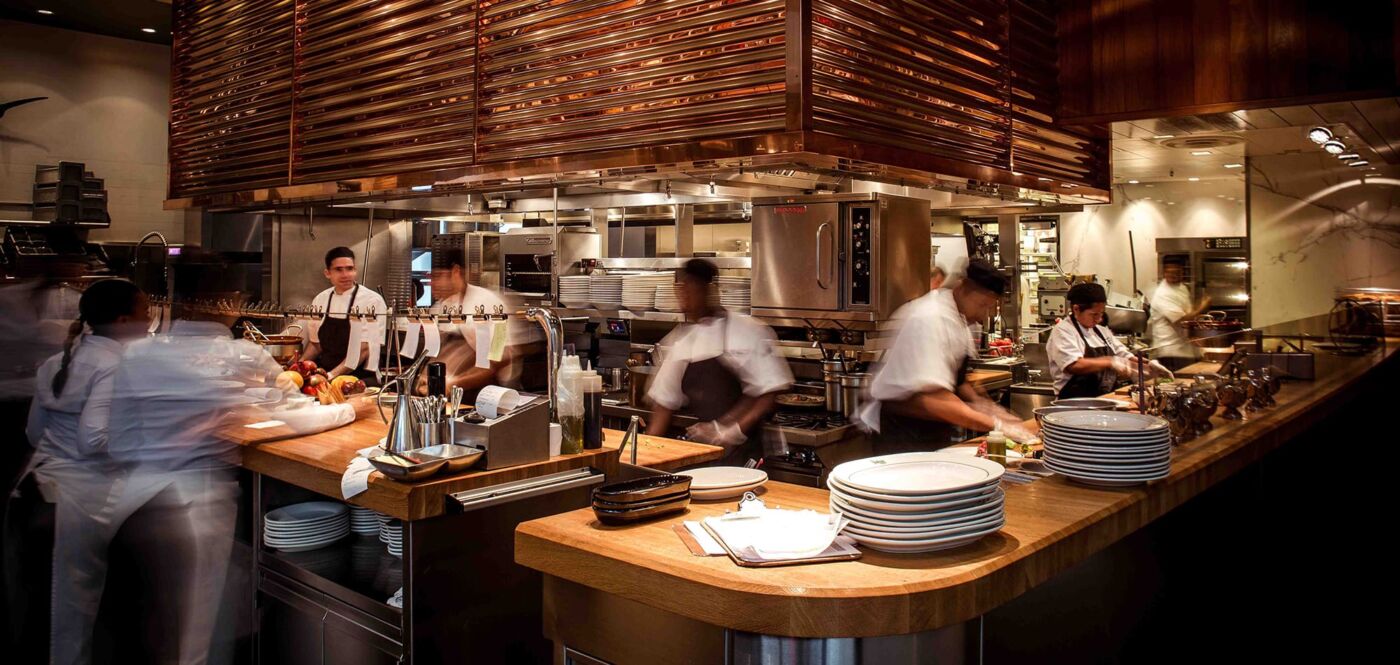 A busy kitchen and counter