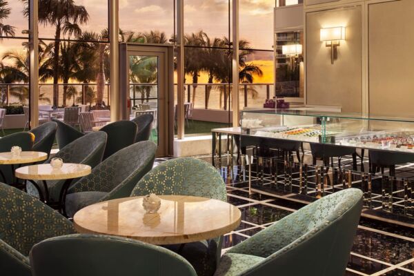 A dining area with a sea view