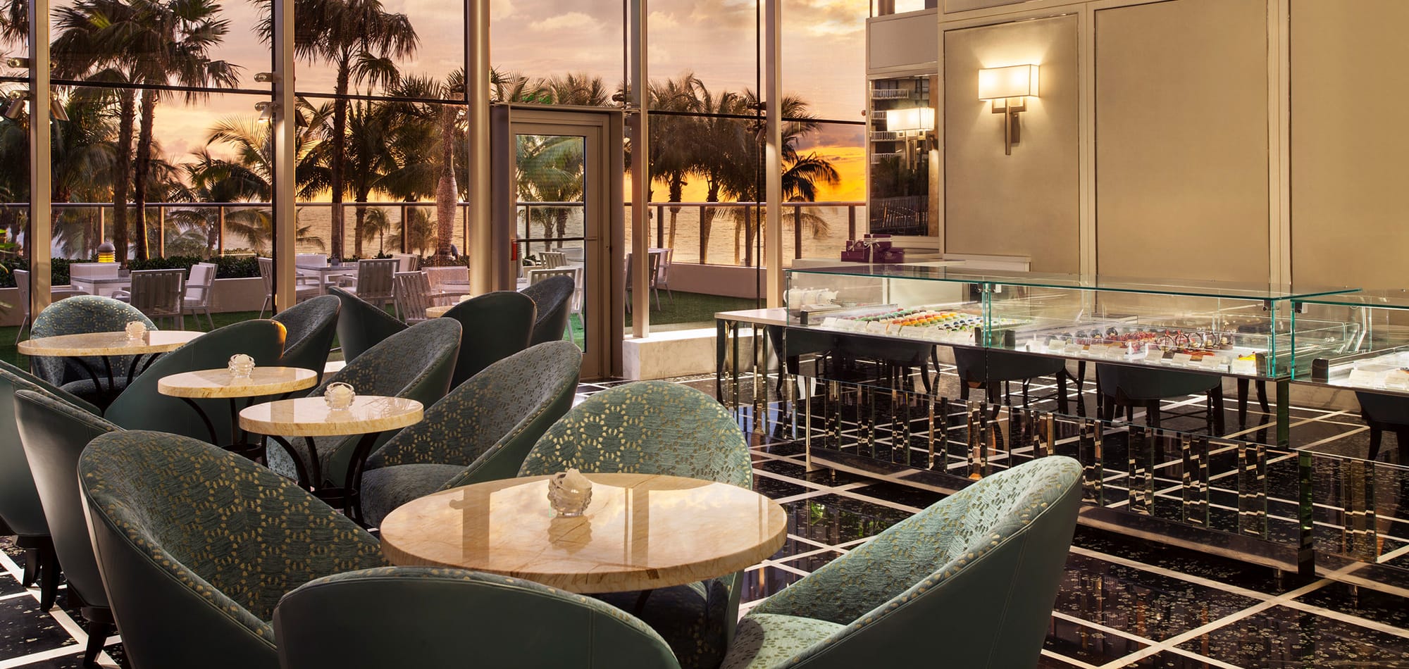 A dining area with a sea view