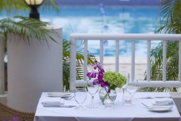 A dining table with a sea view