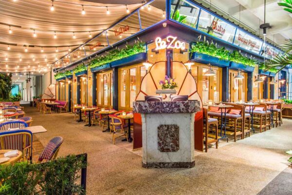 A brightly lit restaurant exterior